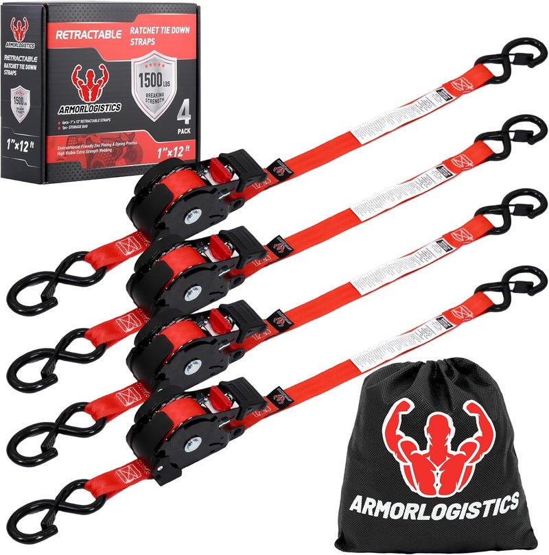 ARMORLOGISTICS Retractable Ratchet Straps 4 Pack, 1 in x 12 FT Auto Ratchet Straps for Motorcycle, Kayak and Trucks, Breaking Strength 1,500LBS/500LBS Working Load Limit Red - Image 1